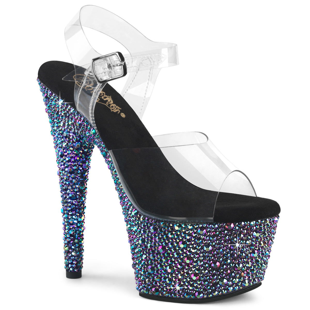 Pleaser 7 inch clear black multicolor mixed rhinestone platform ankle strap sandal, three-quarter view on white