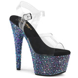 Pleaser 7 inch clear black multicolor mixed rhinestone platform ankle strap sandal, three-quarter view on white
