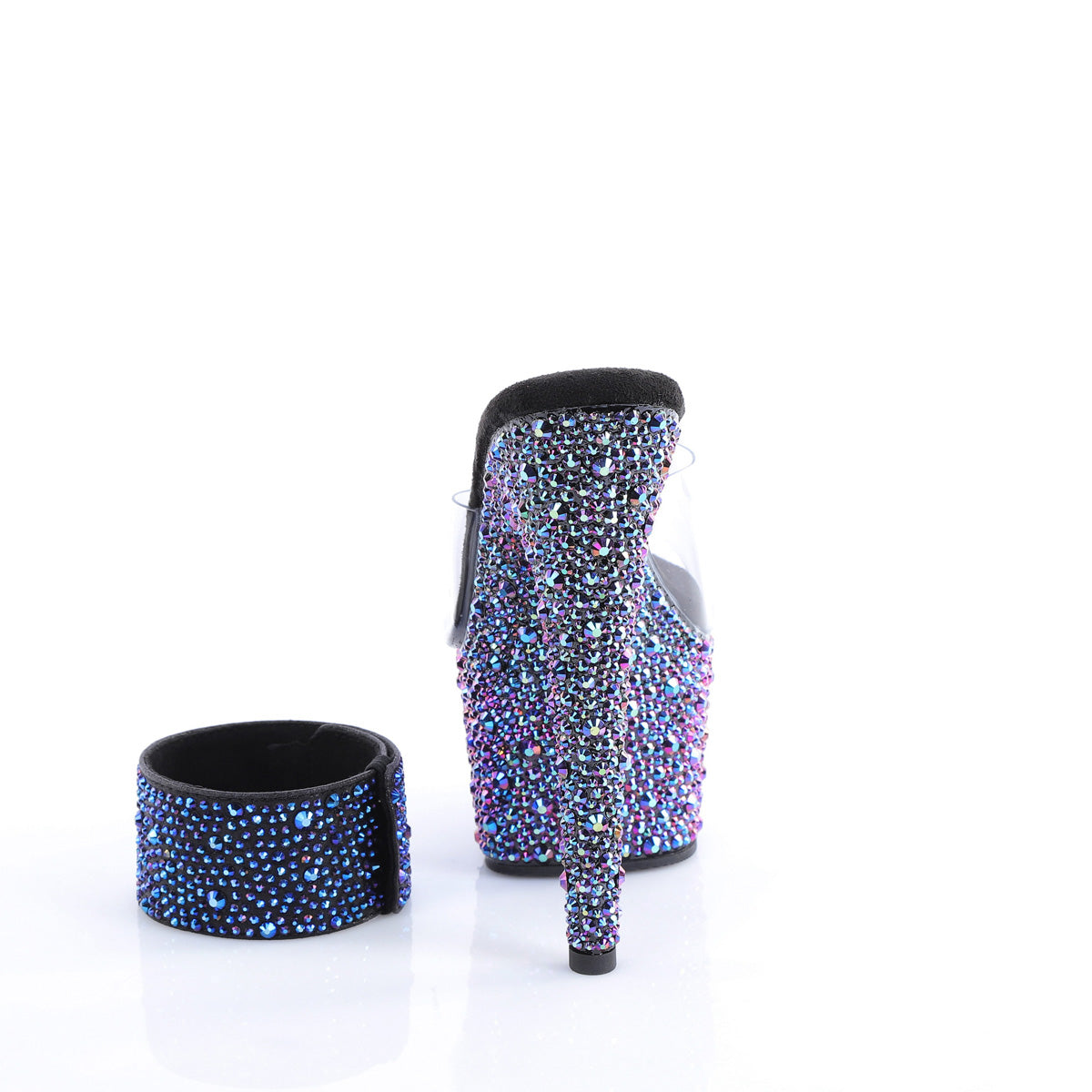 Pleaser 7 inch clear black multicolor mixed rhinestone platform slide with ankle cuff, back view of the heel
