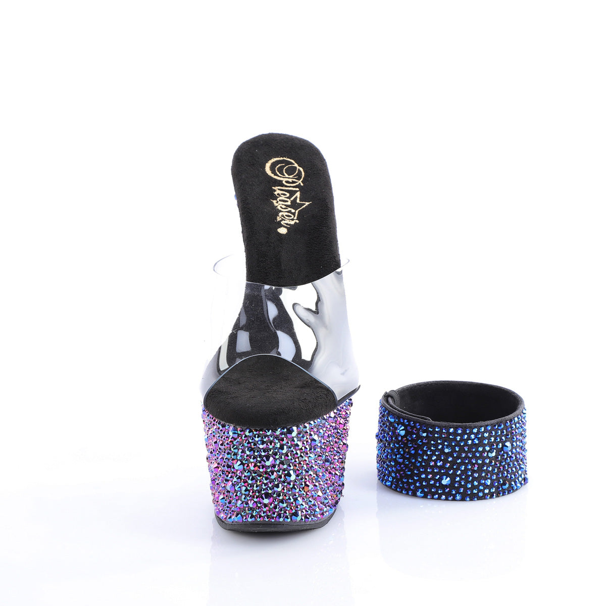 Pleaser 7 inch clear black multicolor mixed rhinestone platform slide with ankle cuff, front view