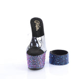 Pleaser 7 inch clear black multicolor mixed rhinestone platform slide with ankle cuff, front view
