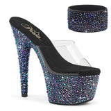 Pleaser 7 inch clear black multicolor mixed rhinestone platform slide with ankle cuff, three-quarter view on white
