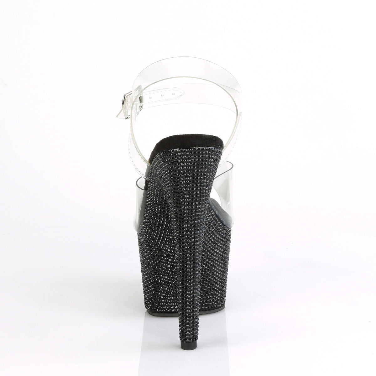 Pleaser 7 inch clear black rhinestone platform ankle strap sandal, back view of the heel