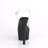 Pleaser 7 inch clear black rhinestone platform ankle strap sandal, back view of the heel