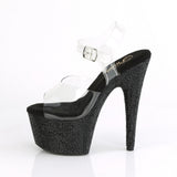 Pleaser 7 inch clear black rhinestone platform ankle strap sandal, side view of the rhinestone platform and heel