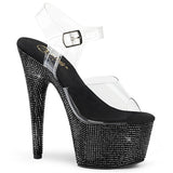 Pleaser 7 inch clear black rhinestone platform ankle strap sandal, three-quarter view on white
