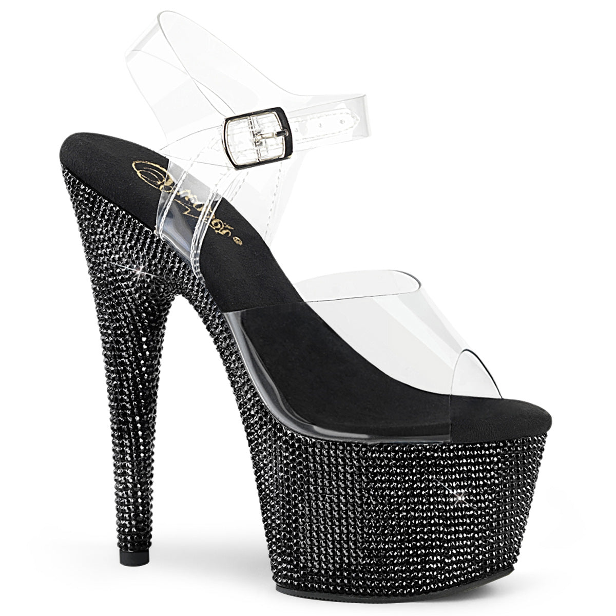 Pleaser 7 inch clear black rhinestone platform ankle strap sandal, three-quarter view on white
