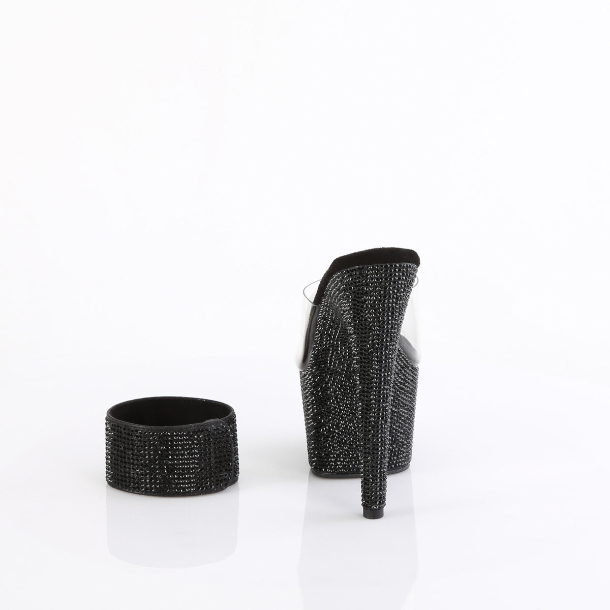 Pleaser 7 inch clear black rhinestone platform slide with ankle cuff, back view of the heel