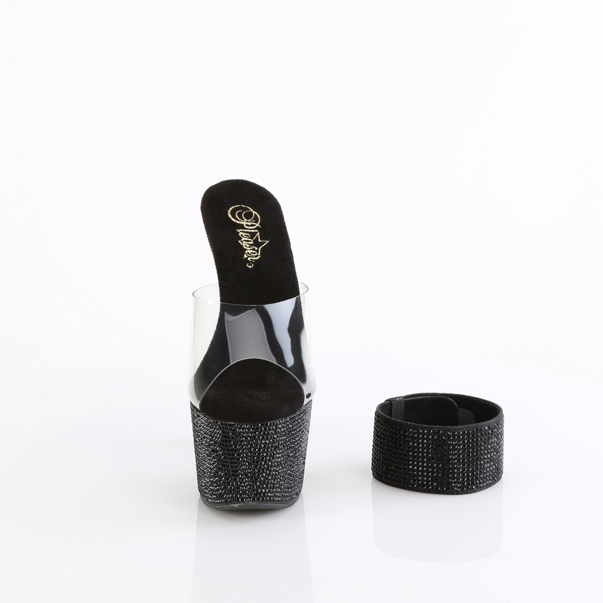 Pleaser 7 inch clear black rhinestone platform slide with ankle cuff, front view