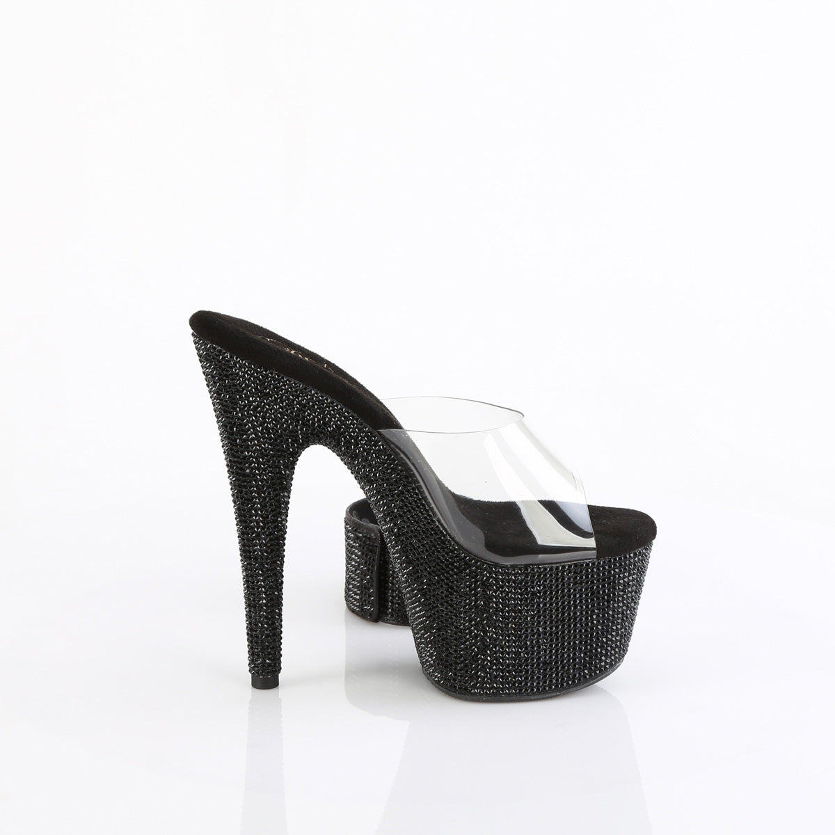 Pleaser 7 inch clear black rhinestone platform slide with ankle cuff, inside view
