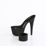 Pleaser 7 inch clear black rhinestone platform slide with ankle cuff, side view of the rhinestone platform and heel