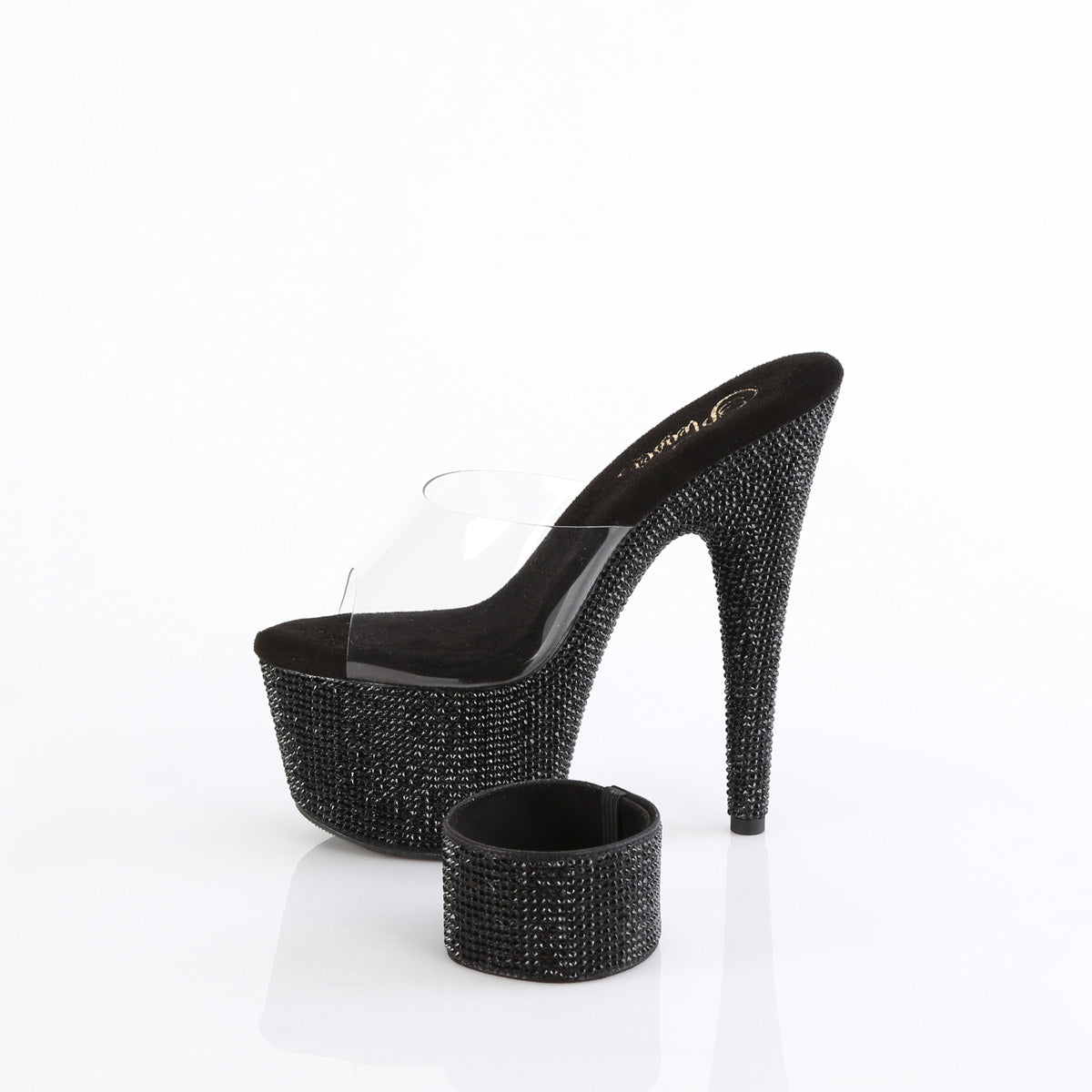 Pleaser 7 inch clear black rhinestone platform slide with ankle cuff, side view of the rhinestone platform and heel