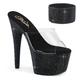 Pleaser 7 inch clear black rhinestone platform slide with ankle cuff, three-quarter view on white