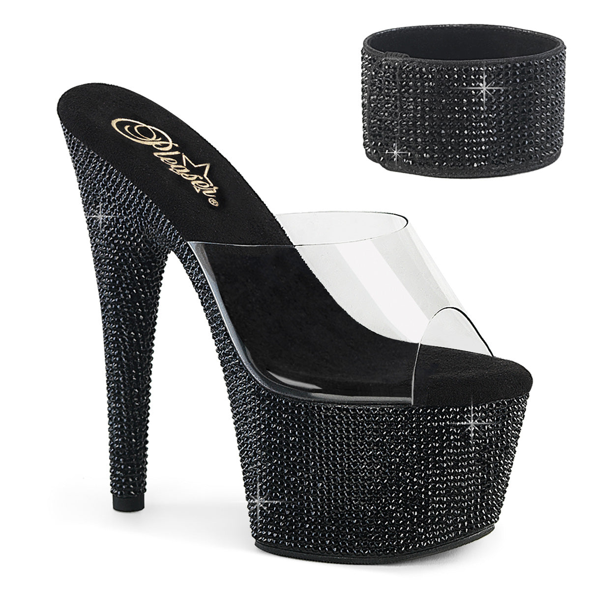 Pleaser 7 inch clear black rhinestone platform slide with ankle cuff, three-quarter view on white