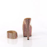 Pleaser 7 inch clear bronze rhinestone platform slide with ankle cuff, back view of the heel