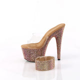Pleaser 7 inch clear bronze rhinestone platform slide with ankle cuff, side view of the rhinestone platform and heel
