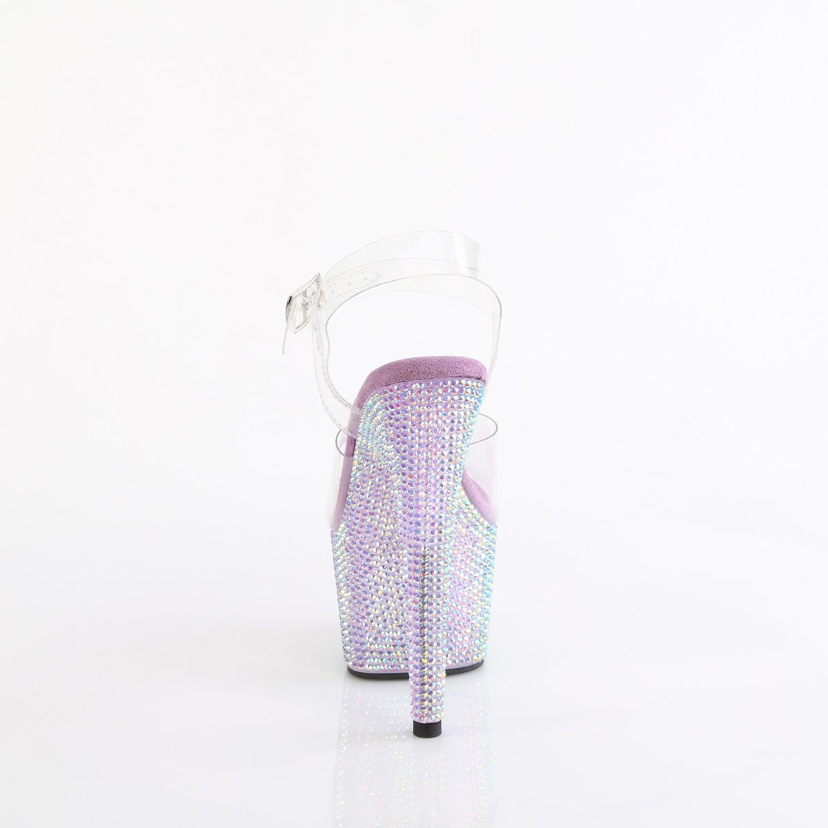 Pleaser 7 inch clear lavender resin rhinestone platform ankle strap sandal, back view of the heel