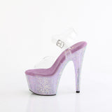 Pleaser 7 inch clear lavender resin rhinestone platform ankle strap sandal, side view of the rhinestone platform and heel