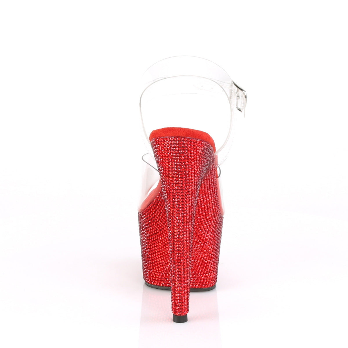 Pleaser 7 inch clear red rhinestone platform ankle strap sandal, back view of the heel