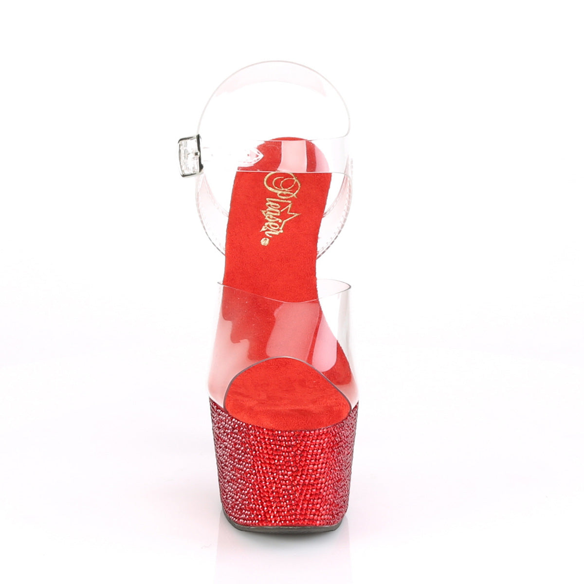 Pleaser 7 inch clear red rhinestone platform ankle strap sandal, front view