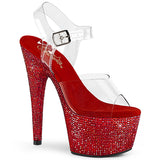 Pleaser 7 inch clear red rhinestone platform ankle strap sandal, three-quarter view on white