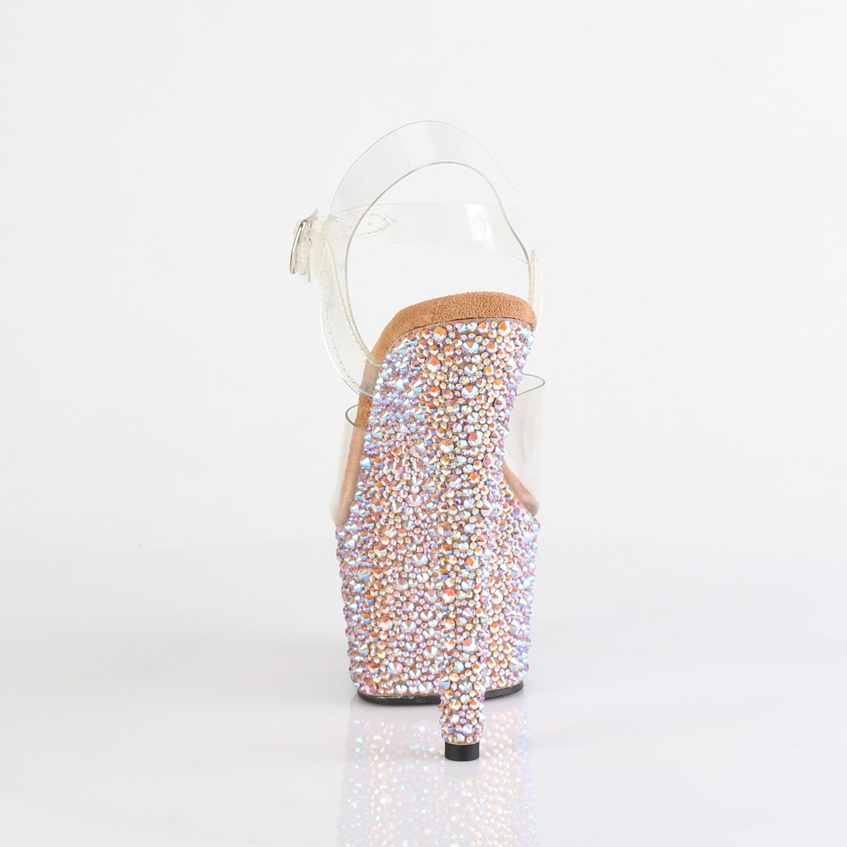 Pleaser 7 inch clear rose gold mixed rhinestone platform ankle strap sandal, back view of the heel
