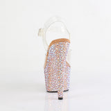 Pleaser 7 inch clear rose gold mixed rhinestone platform ankle strap sandal, back view of the heel