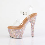 Pleaser 7 inch clear rose gold mixed rhinestone platform ankle strap sandal, side view of the rhinestone platform and heel