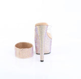 Pleaser 7 inch clear rose gold rhinestone platform slide with ankle cuff, back view of the heel