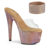 Pleaser 7 inch clear rose gold rhinestone platform slide with ankle cuff, three-quarter view on white