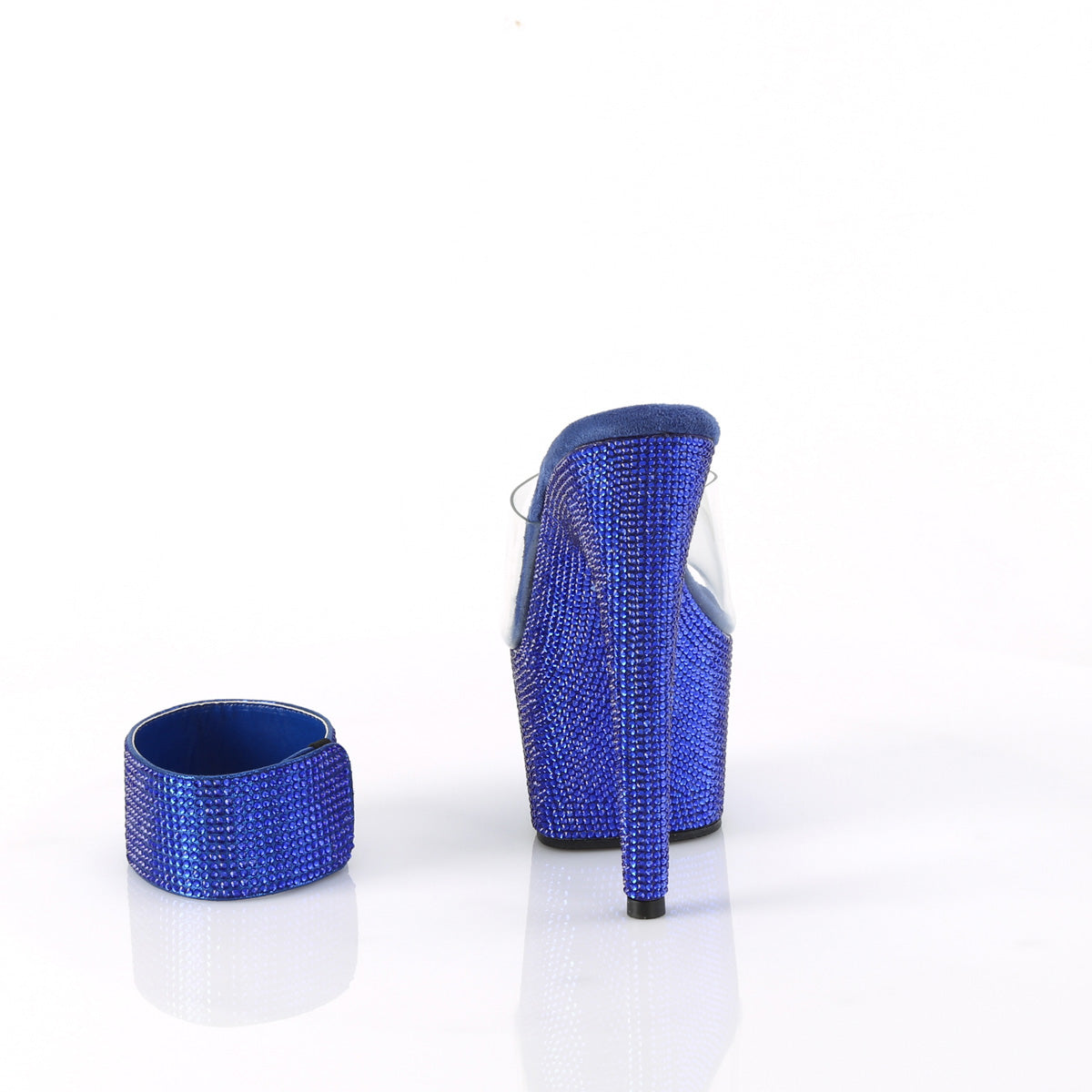 Pleaser 7 inch clear royal blue rhinestone platform slide with ankle cuff, back view of the heel