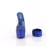 Pleaser 7 inch clear royal blue rhinestone platform slide with ankle cuff, front view