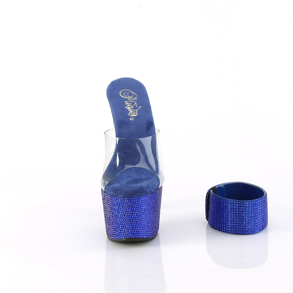 Pleaser 7 inch clear royal blue rhinestone platform slide with ankle cuff, front view
