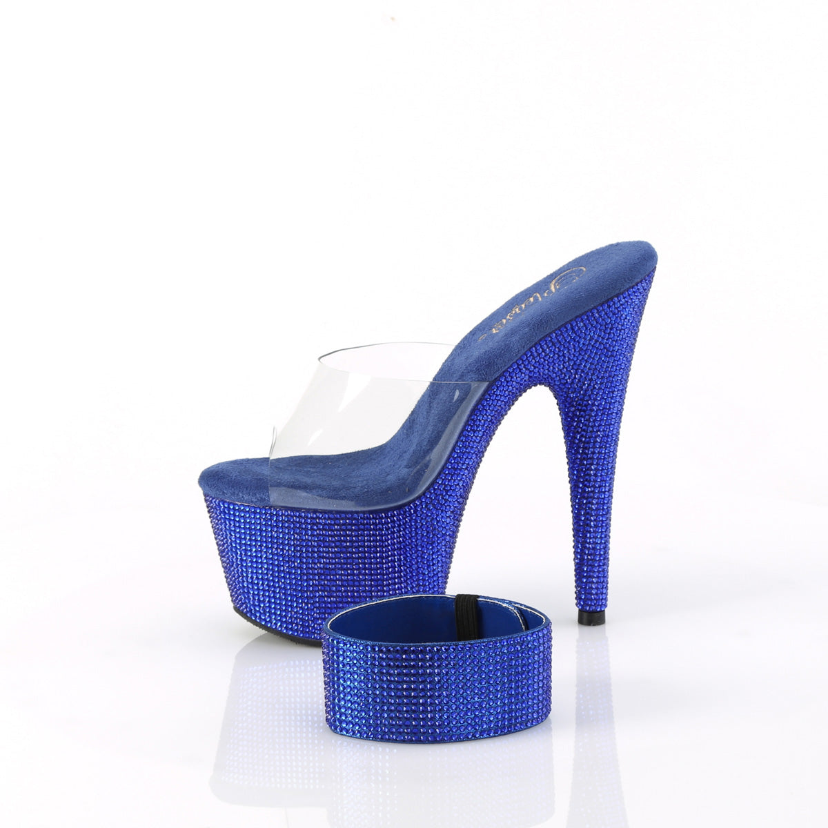 Pleaser 7 inch clear royal blue rhinestone platform slide with ankle cuff, side view of the rhinestone platform and heel