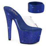 Pleaser 7 inch clear royal blue rhinestone platform slide with ankle cuff, three-quarter view on white