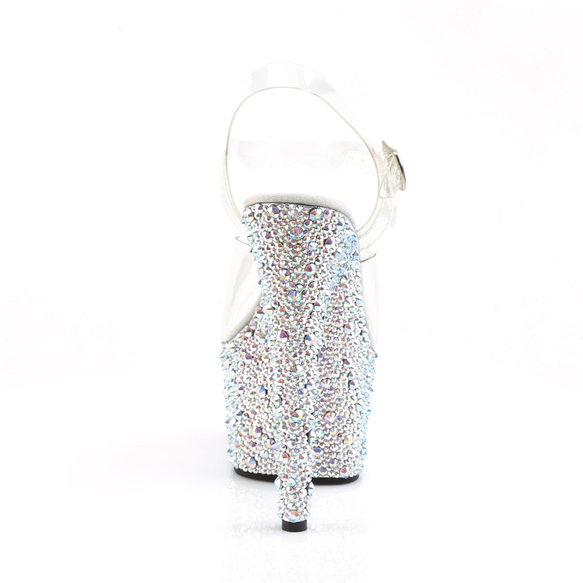 Pleaser 7 inch clear silver mixed rhinestone platform ankle strap sandal, back view of the heel