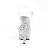 Pleaser 7 inch clear silver mixed rhinestone platform ankle strap sandal, back view of the heel