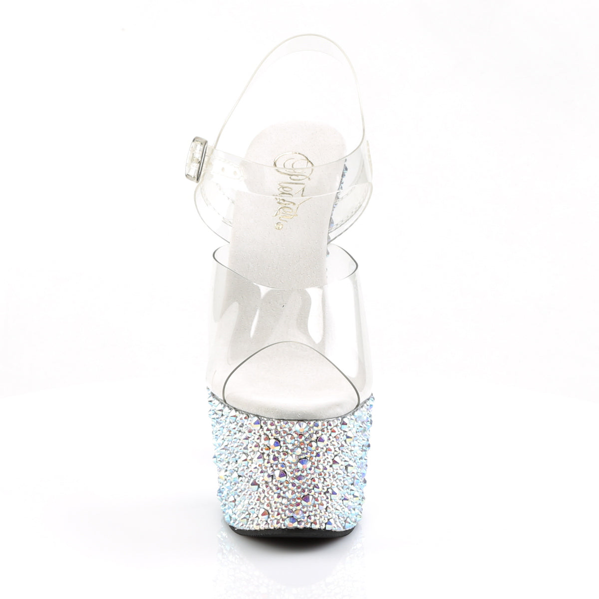 Pleaser 7 inch clear silver mixed rhinestone platform ankle strap sandal, front view
