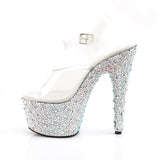 Pleaser 7 inch clear silver mixed rhinestone platform ankle strap sandal, side view of the rhinestone platform and heel