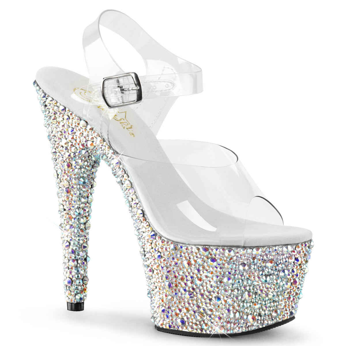 Pleaser 7 inch clear silver mixed rhinestone platform ankle strap sandal, three-quarter view on white