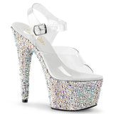 Pleaser 7 inch clear silver mixed rhinestone platform ankle strap sandal, three-quarter view on white