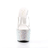 Pleaser 7 inch clear silver mixed rhinestone platform slide, front view