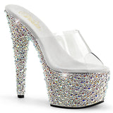 Pleaser 7 inch clear silver mixed rhinestone platform slide, three-quarter view on white