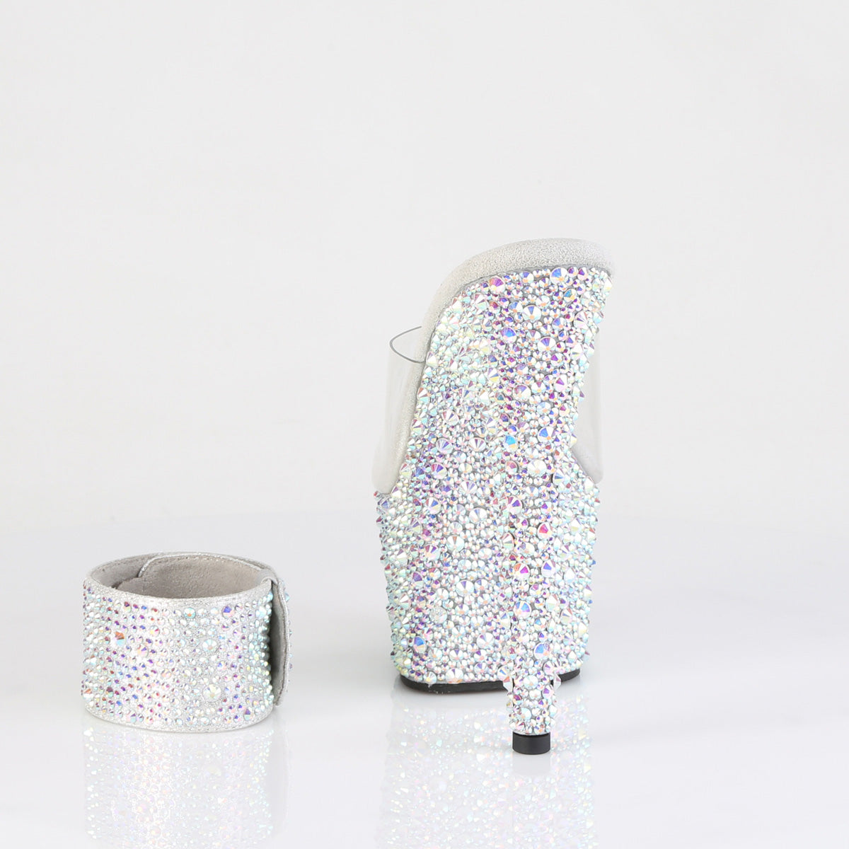 Pleaser 7 inch clear silver mixed rhinestone platform slide with ankle cuff, back view of the heel