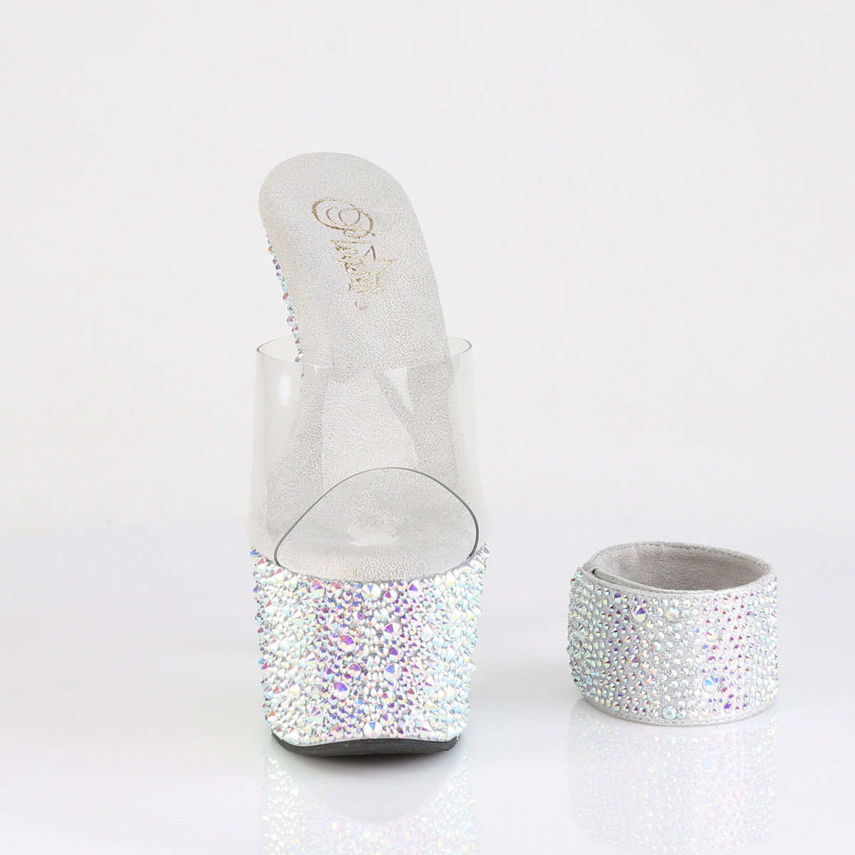 Pleaser 7 inch clear silver mixed rhinestone platform slide with ankle cuff, front view