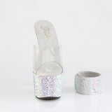 Pleaser 7 inch clear silver mixed rhinestone platform slide with ankle cuff, front view
