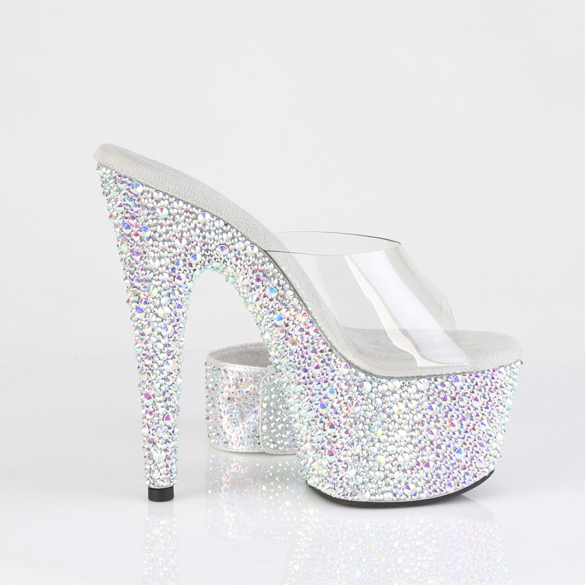 Pleaser 7 inch clear silver mixed rhinestone platform slide with ankle cuff, inside view