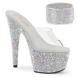 Pleaser 7 inch clear silver mixed rhinestone platform slide with ankle cuff, three-quarter view on white