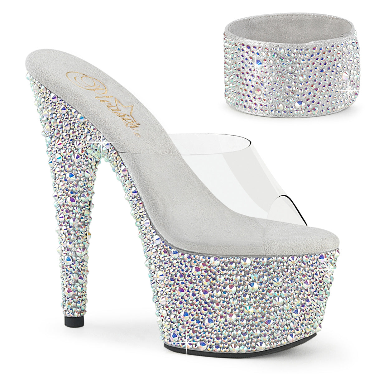 Pleaser 7 inch clear silver mixed rhinestone platform slide with ankle cuff, three-quarter view on white