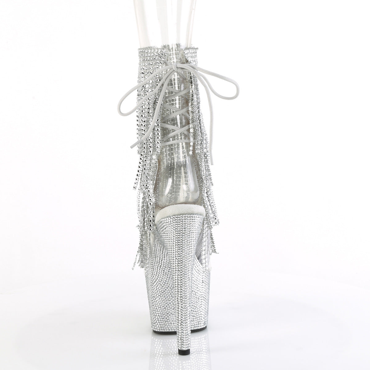 Pleaser 7 inch clear silver rhinestone fringe platform ankle boot, back view of the heel